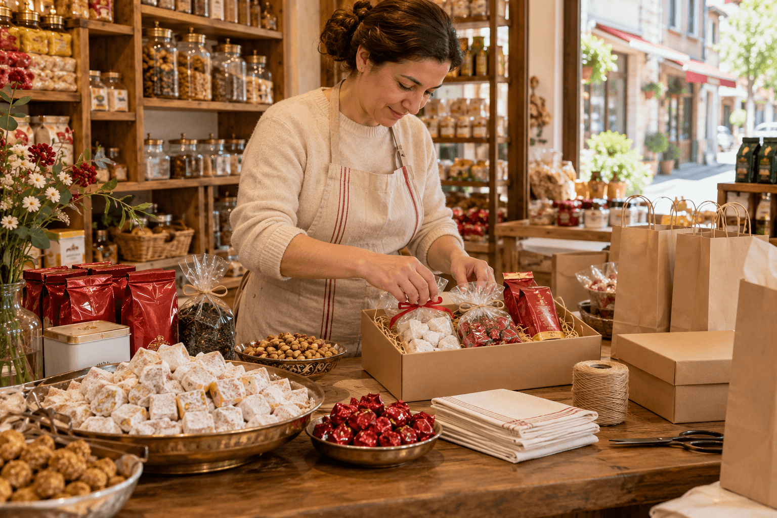 Çay, paketli şekerleme ve kâğıt ürünleriyle hazırlanmış mevsimsel market alanı