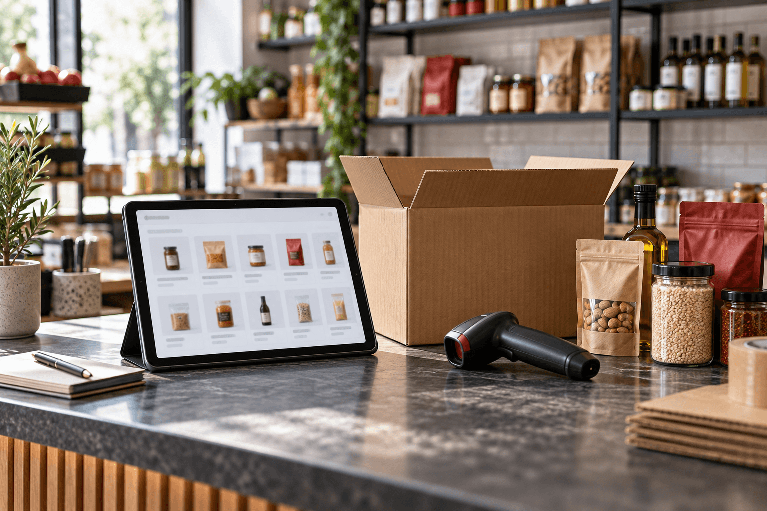 Market tezgâhında tablet üzerinden sipariş hazırlığı ve ürün paketleri