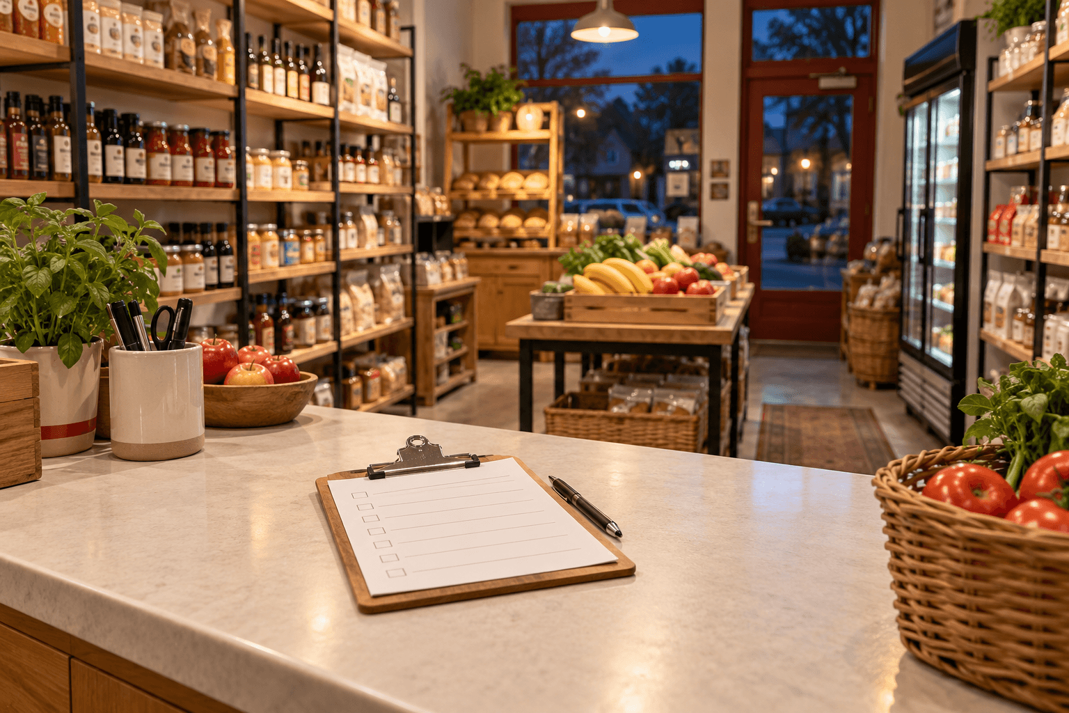 Akşam ışığında düzenli market tezgâhı ve günlük kontrol notları