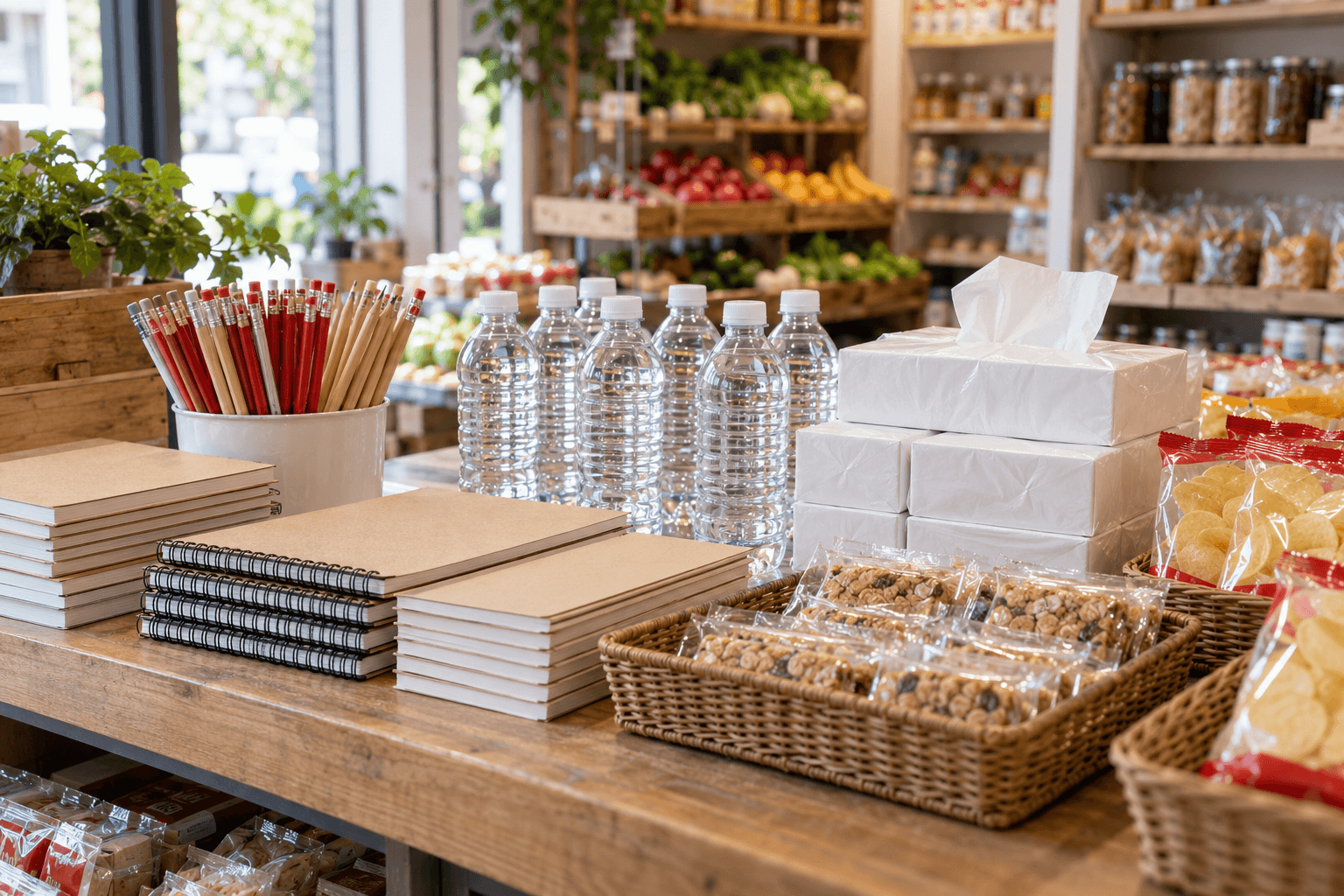 Defter, kalem, paketli ürünler ve kâğıt mendillerin bulunduğu market tezgâhı