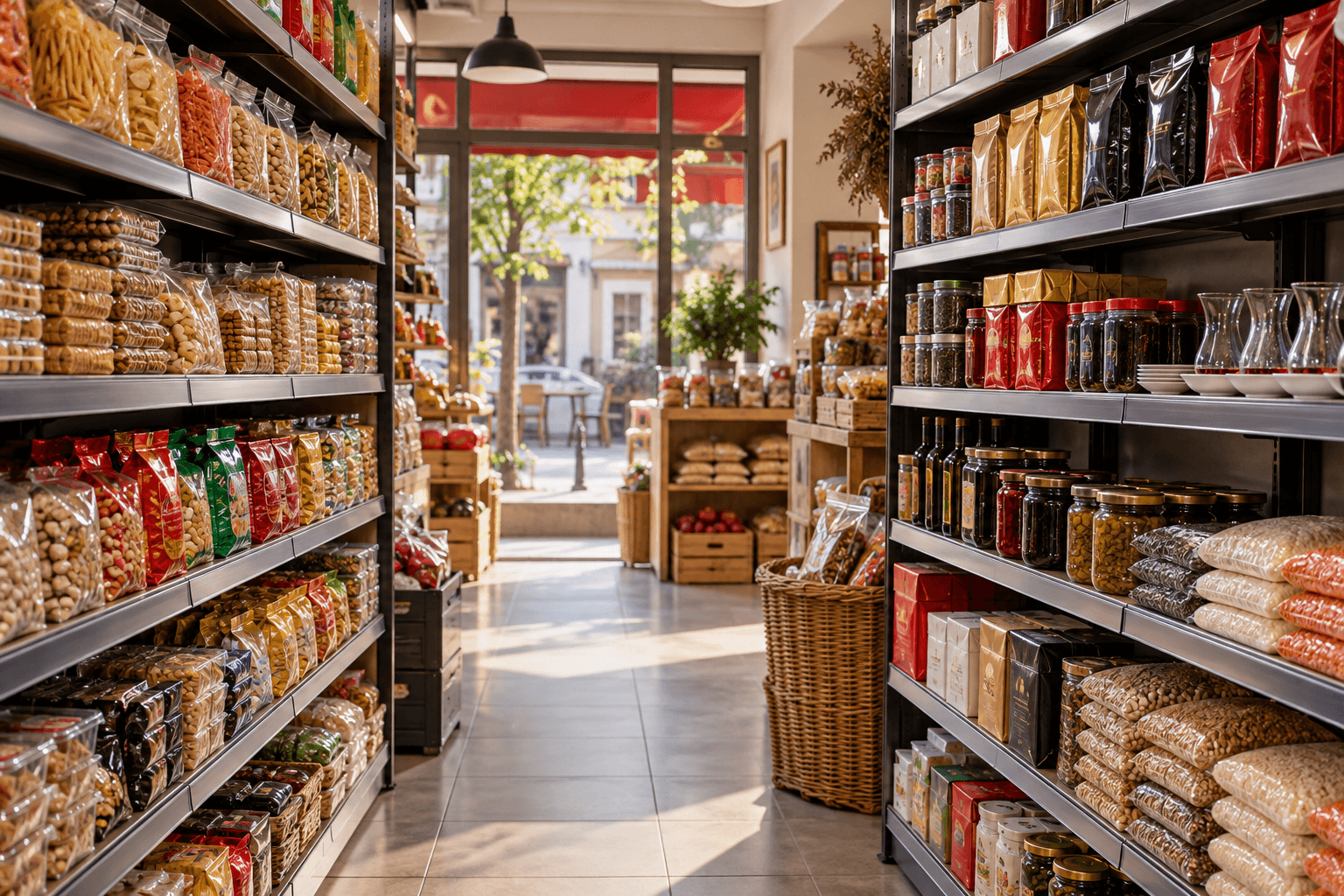 Mahalle marketinde ürün gruplarına göre düzenlenmiş raflar