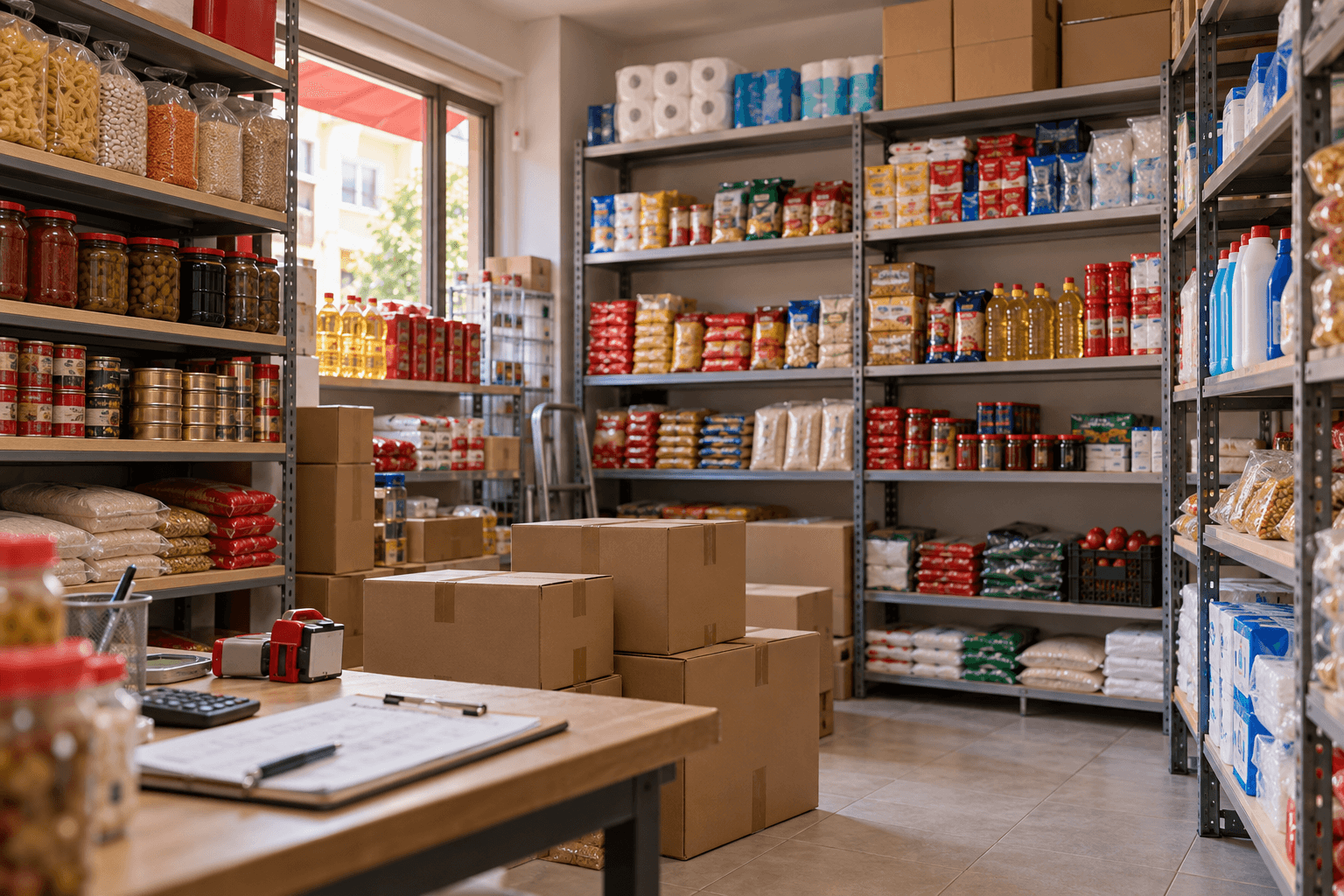 Market deposunda sipariş notları, koliler ve ürün rafları