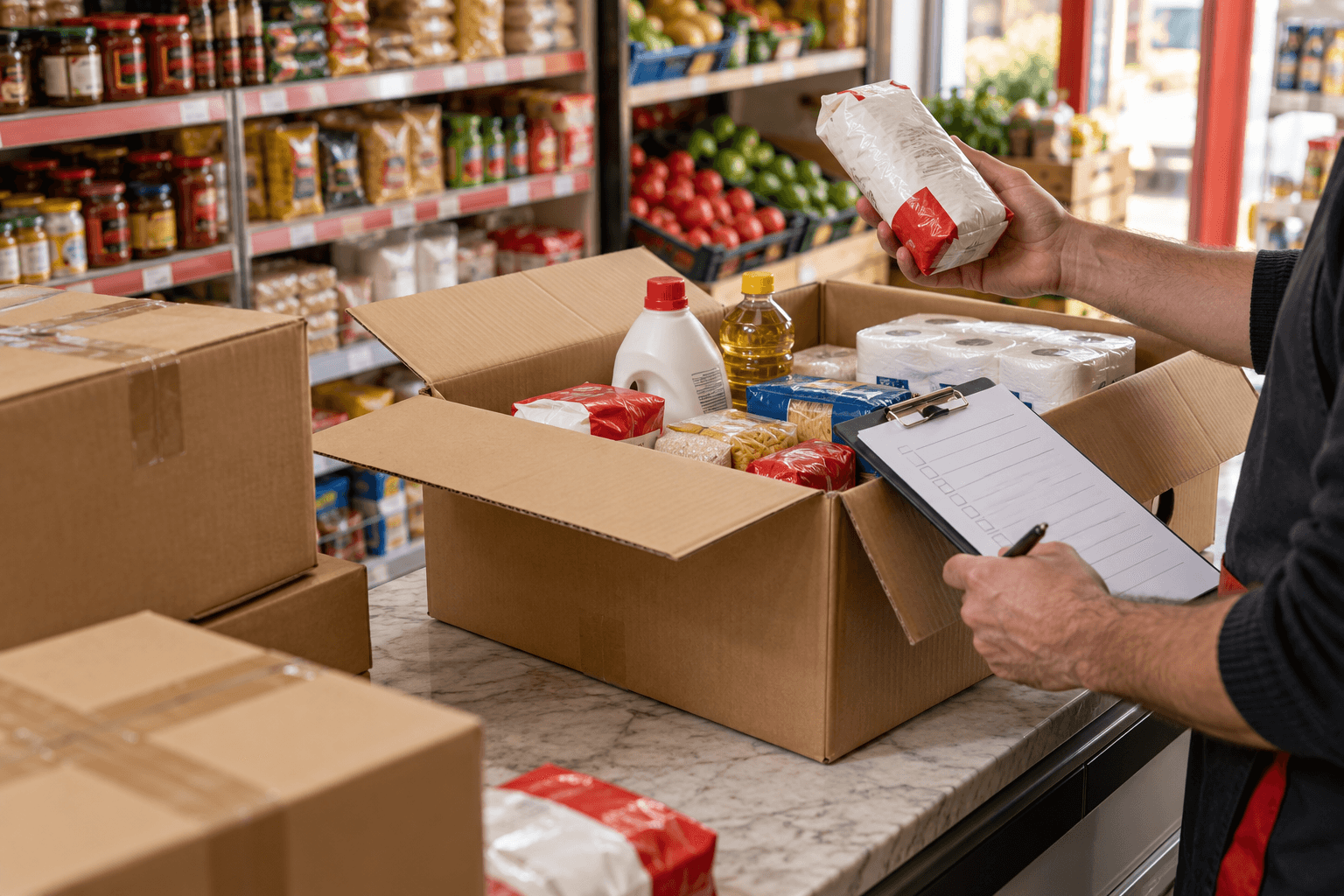 Ürün kolisi ve sipariş kontrolü için hazırlanmış market tezgâhı